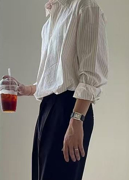 Chemise Peter blanche en coton pour homme, à rayures, à boutons et col à ressort