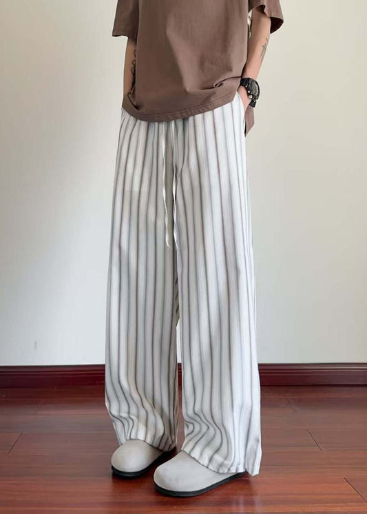Pantalon large à rayures en coton blanc pour homme avec poches sur les jambes et taille élastique