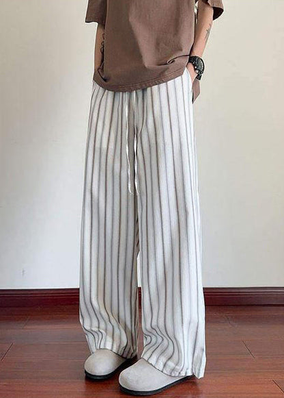 Pantalon large à rayures en coton blanc pour homme avec poches sur les jambes et taille élastique