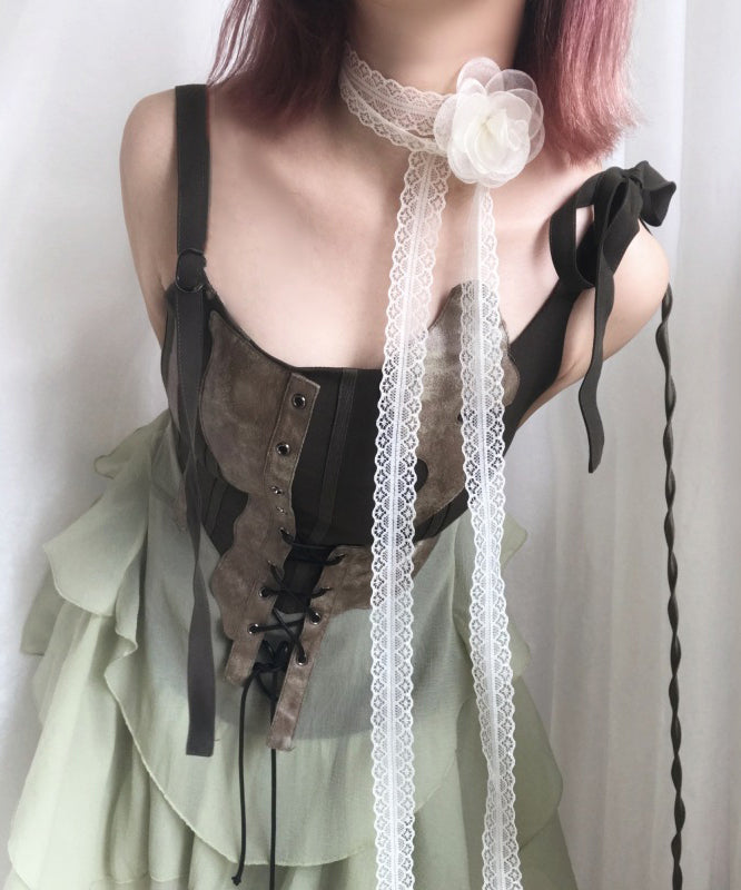 Collier foulard en soie ajouré à fleurs en dentelle beige style YU007