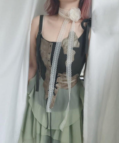 Collier foulard en soie ajouré à fleurs en dentelle beige style YU007