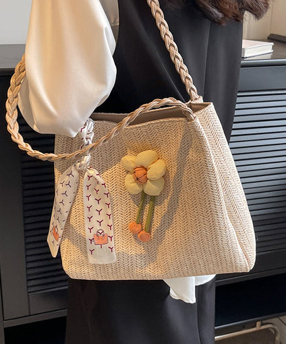 Straw Capacity Shoulder Woven Bag Beige Large Style