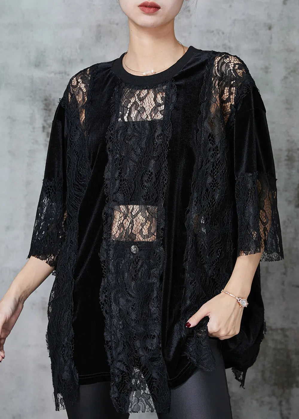 Style Black Hollow Out Patchwork Lace Shirts Summer Ada Fashion