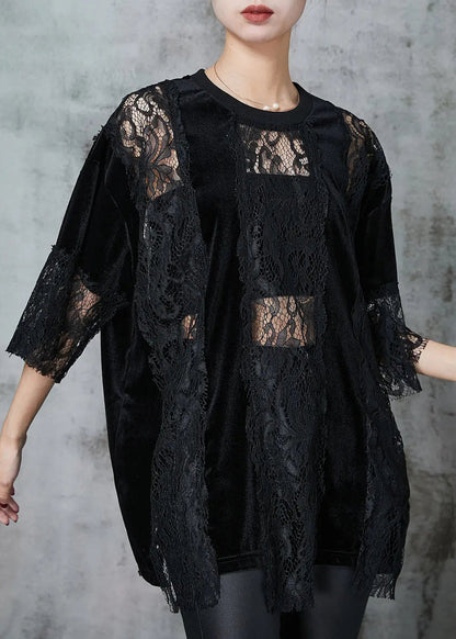 Style Black Hollow Out Patchwork Lace Shirts Summer Ada Fashion