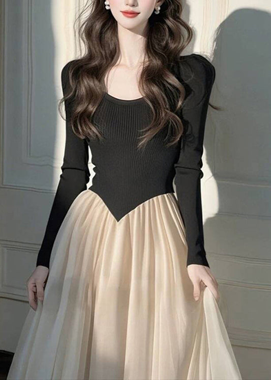Kleid Falten Lang Patchwork Strick Stil Schwarz