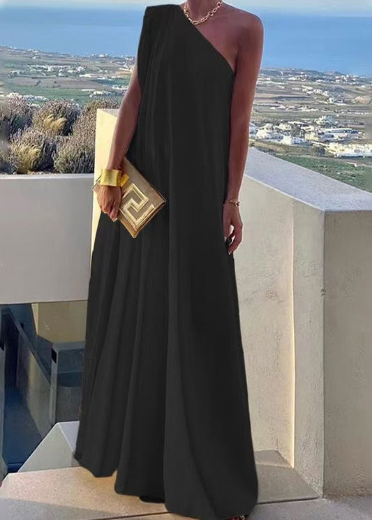 Robe d'été noire à épaules dénudées, style soirée, longue, en coton