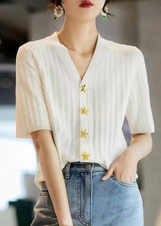 Style Schwarzes V-Ausschnitt-Silber-Strickhemd Sommer TZ016