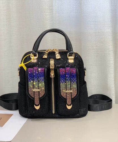 Sac à dos en cuir à paillettes et patchwork en zircon noir style MM038