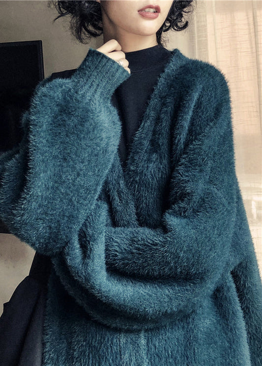 Cardigan tricoté en poils de vison vert noirâtre à col en V pour l'hiver RL008