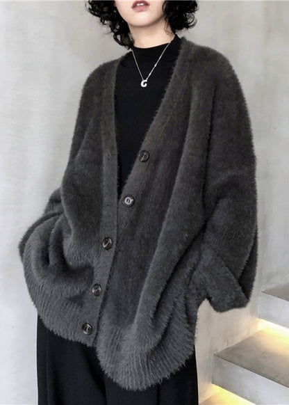 Cardigan tricoté en poils de vison vert noirâtre à col en V pour l'hiver RL008