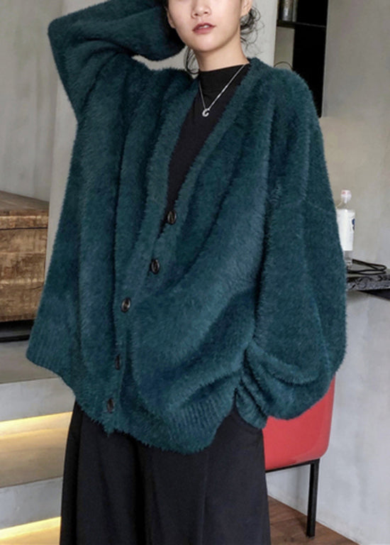 Cardigan tricoté en poils de vison vert noirâtre à col en V pour l'hiver RL008