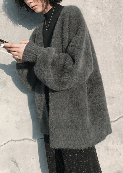 Cardigan tricoté en poils de vison vert noirâtre à col en V pour l'hiver RL008