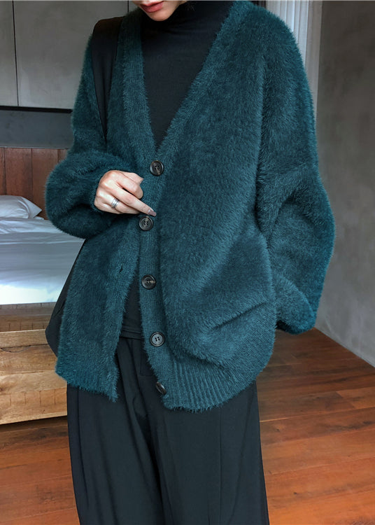 Cardigan tricoté en poils de vison vert noirâtre à col en V pour l'hiver RL008