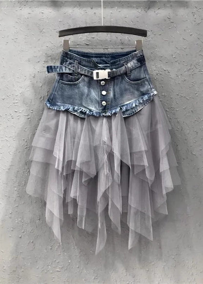 Jupes en denim patchwork en tulle asymétrique bleu style été QQ1052