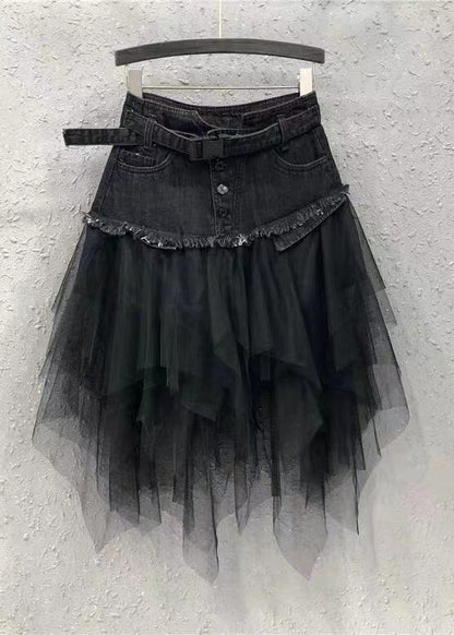 Jupes en denim patchwork en tulle asymétrique bleu style été QQ1052