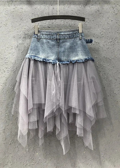 Jupes en denim patchwork en tulle asymétrique bleu style été QQ1052