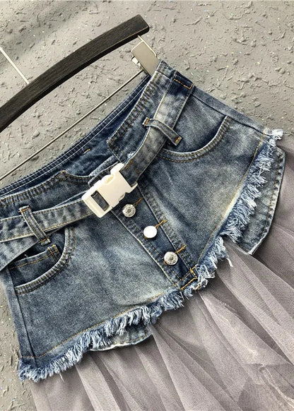 Jupes en denim patchwork en tulle asymétrique bleu style été QQ1052