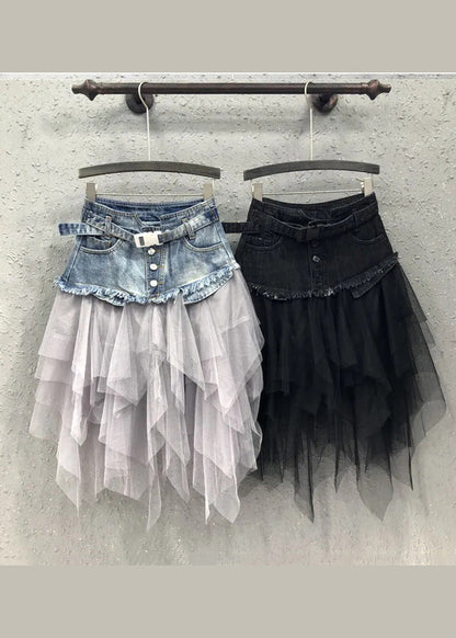 Jupes en denim patchwork en tulle asymétrique bleu style été QQ1052