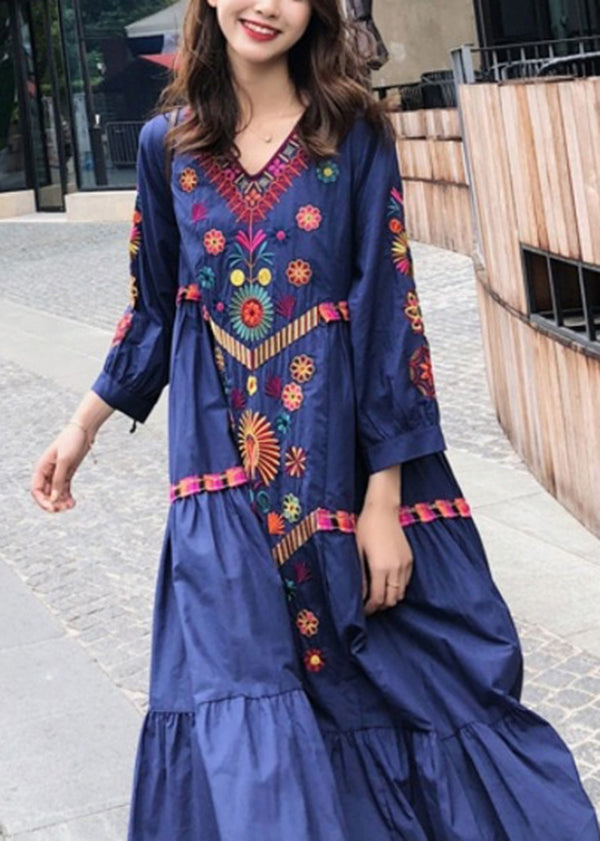 Style Blue Embroidered Exra Large Hem Cotton Dress Summer YY022