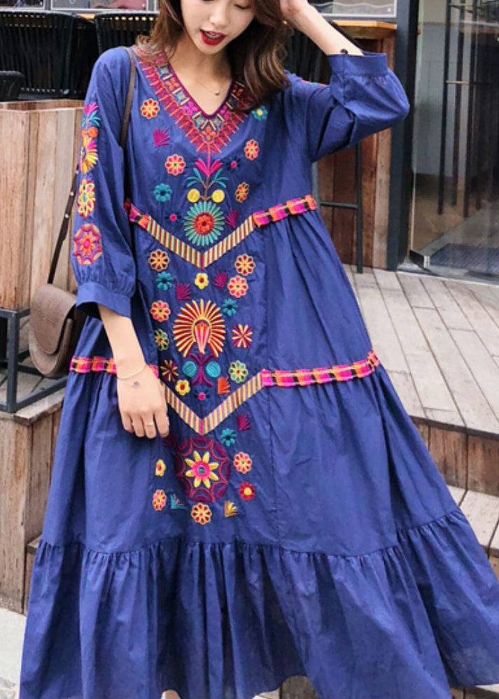 Style Blue Embroidered Exra Large Hem Cotton Dress Summer YY022