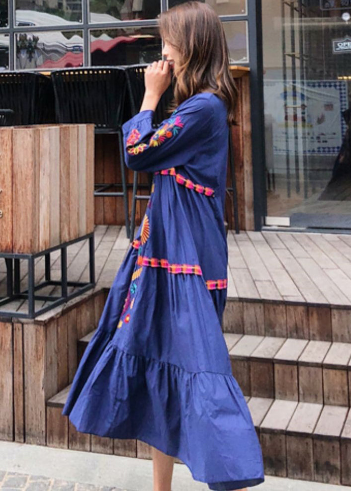 Style Blue Embroidered Exra Large Hem Cotton Dress Summer YY022