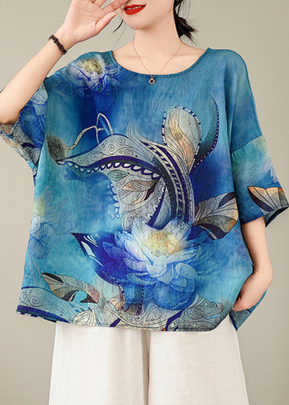 Style Blue O-Neck Print Top Batwing Sleeve AP094