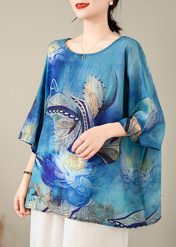 Style Blue O-Neck Print Top Batwing Sleeve AP094