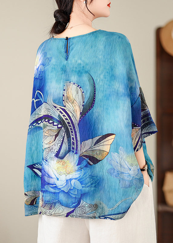 Style Blue O-Neck Print Top Batwing Sleeve AP094