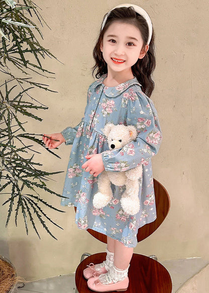 Robe longue patchwork bleue à col Peter Pan pour enfants Automne SS1043