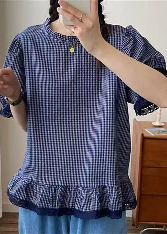 Kariertes Top Blaue Spitze Sommer Patchwork Stil