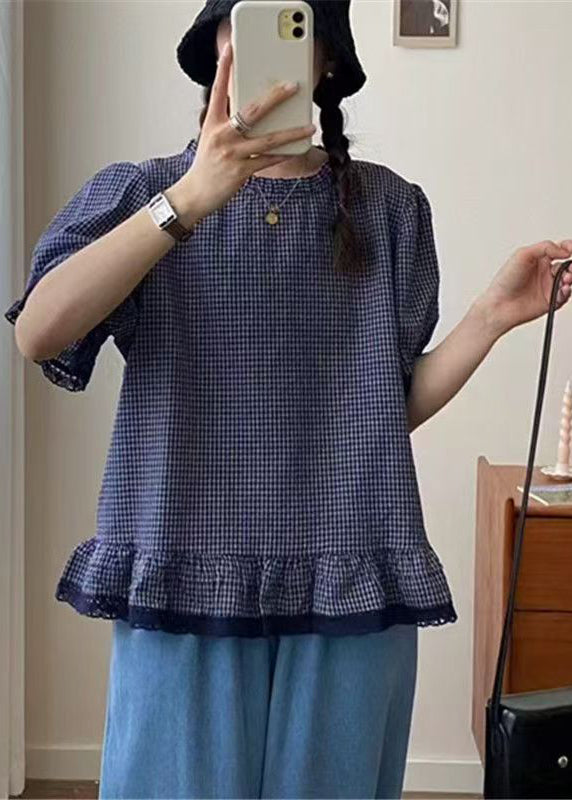 Kariertes Top Blaue Spitze Sommer Patchwork Stil