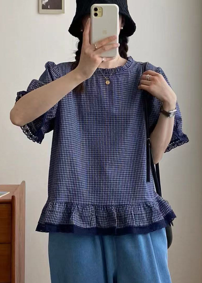 Kariertes Top Blaue Spitze Sommer Patchwork Stil