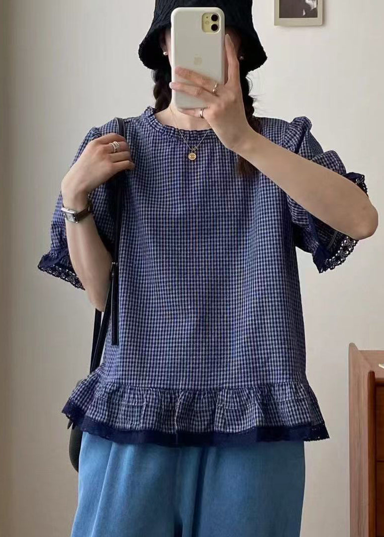 Kariertes Top Blaue Spitze Sommer Patchwork Stil