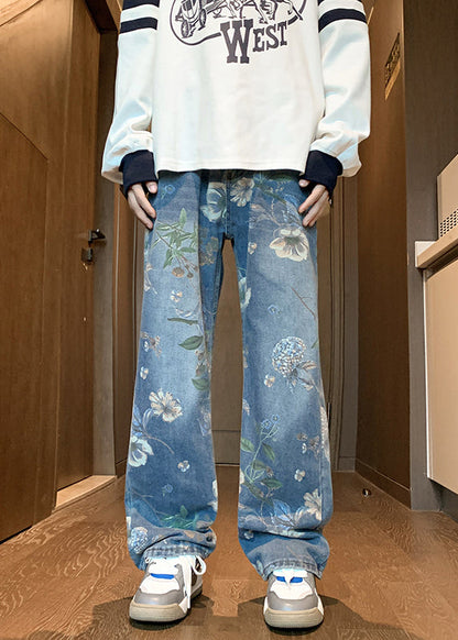 Style Bleu Poches Imprimé Hommes Jeans Été SA003