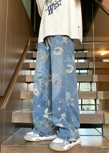 Style Bleu Poches Imprimé Hommes Jeans Été SA003