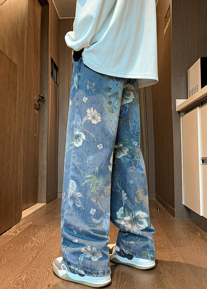 Style Bleu Poches Imprimé Hommes Jeans Été SA003