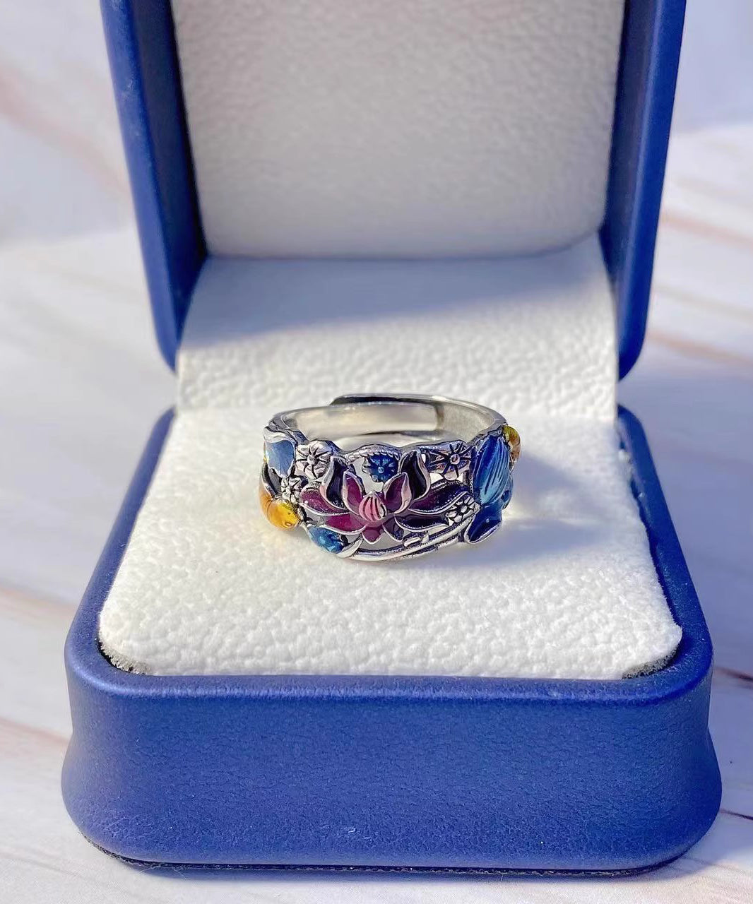 Stil Blau Sterling Silber Cloisonné Brokat Karpfen Ringe YI021