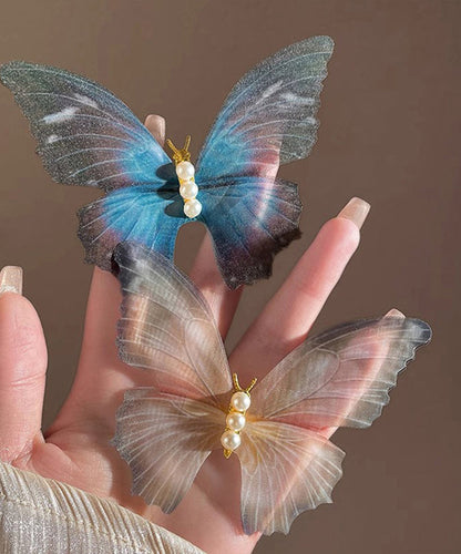 Épingle à cheveux papillon en tulle et perles surdorées en argent sterling bleu style PO050