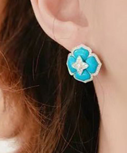 Style Blue Sterling Silver Zircon Turquoise Stud Earrings RA001