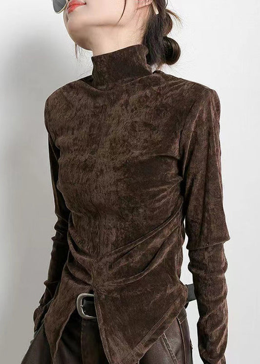 Stil Braun Stehkragen Seitlich Offen Velour Tops Frühling TL003