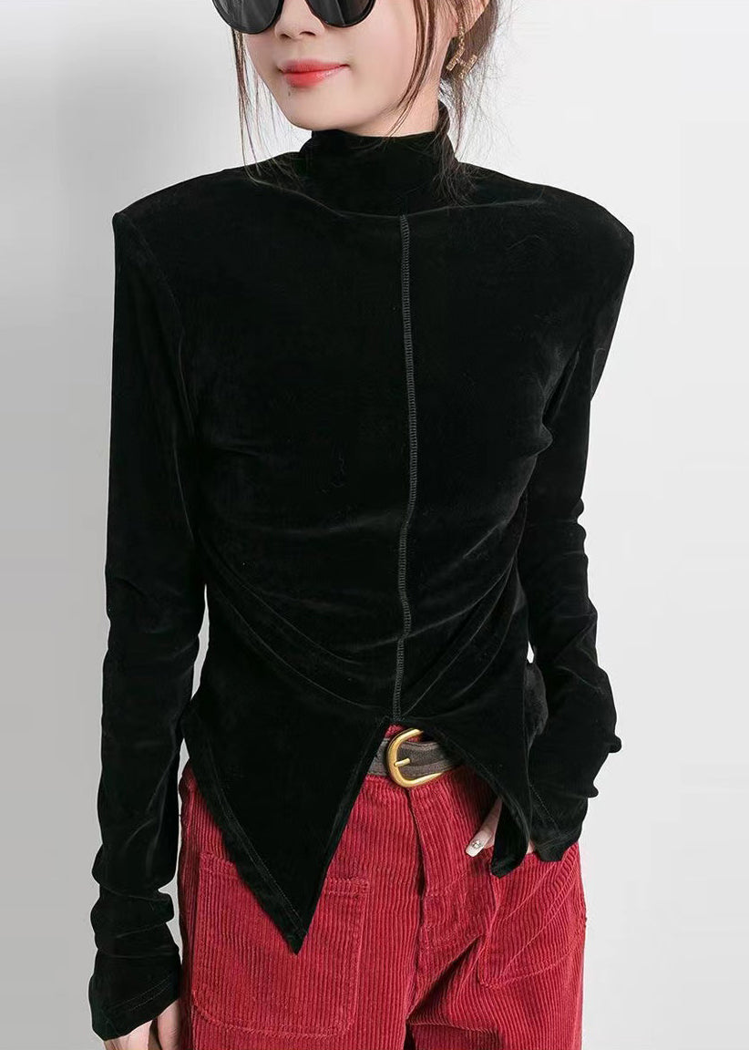 Stil Braun Stehkragen Seitlich Offen Velour Tops Frühling TL003