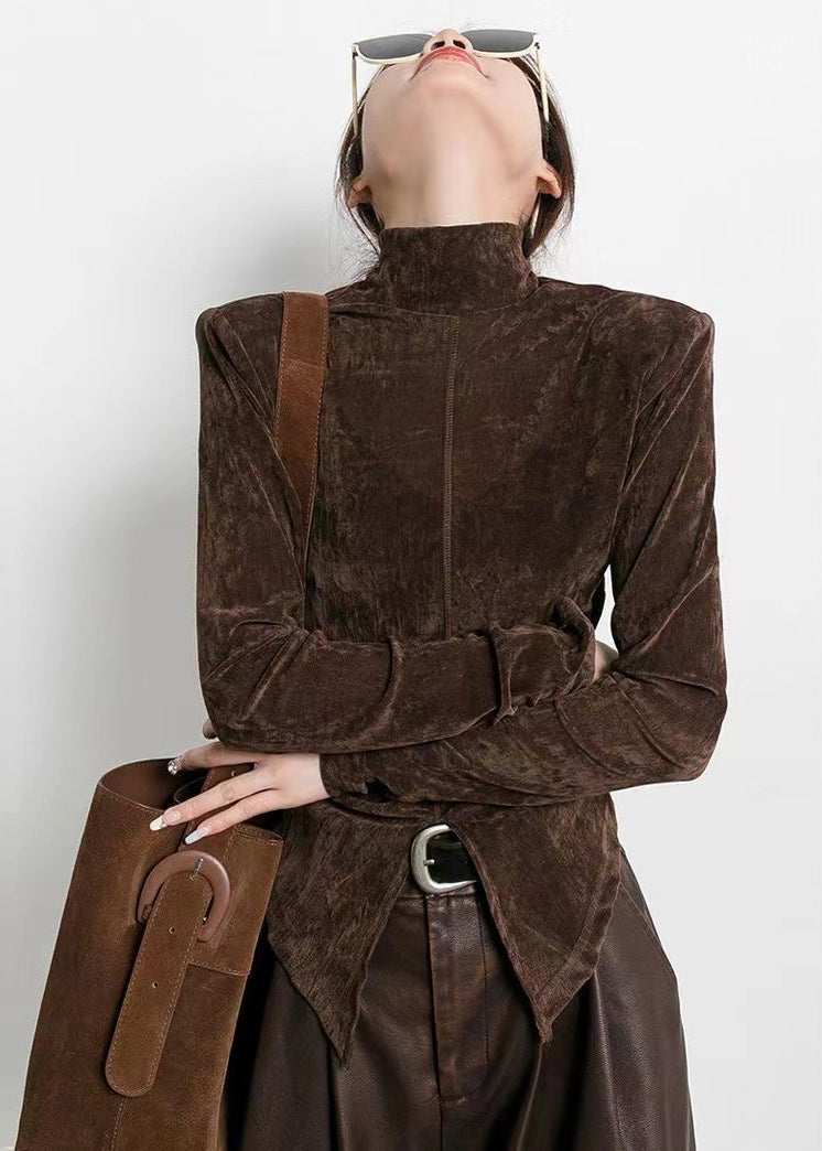 Stil Braun Stehkragen Seitlich Offen Velour Tops Frühling TL003