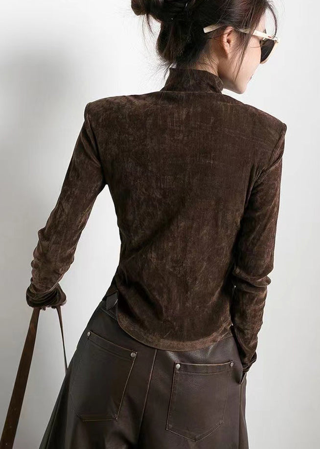 Stil Braun Stehkragen Seitlich Offen Velour Tops Frühling TL003
