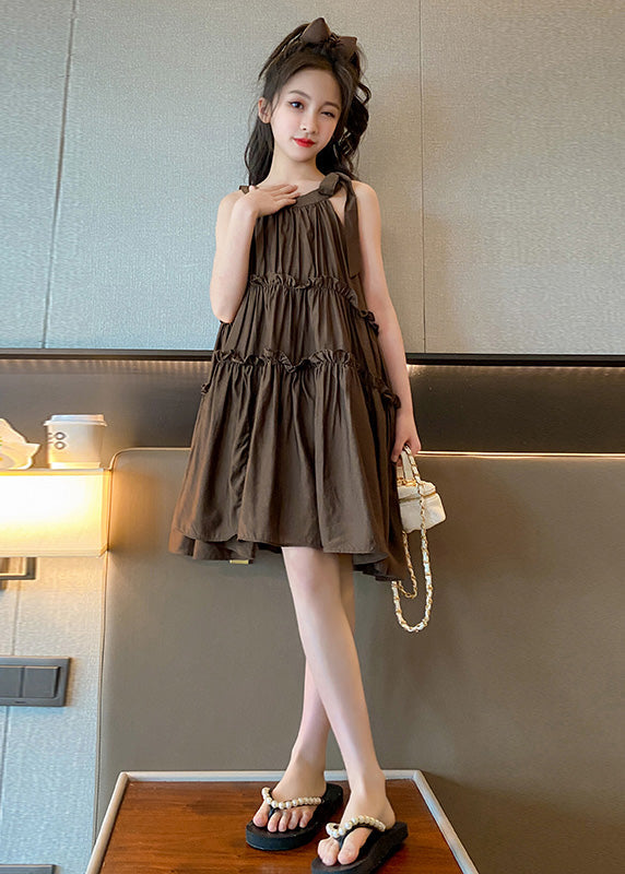 Style Coffee Ruffled Patchwork Solid Slip Mid Dresses Summer GF008