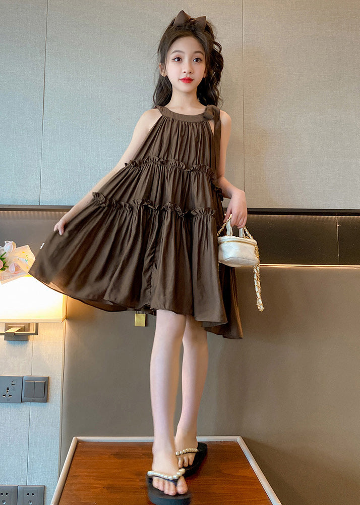 Style Coffee Ruffled Patchwork Solid Slip Mid Dresses Summer GF008