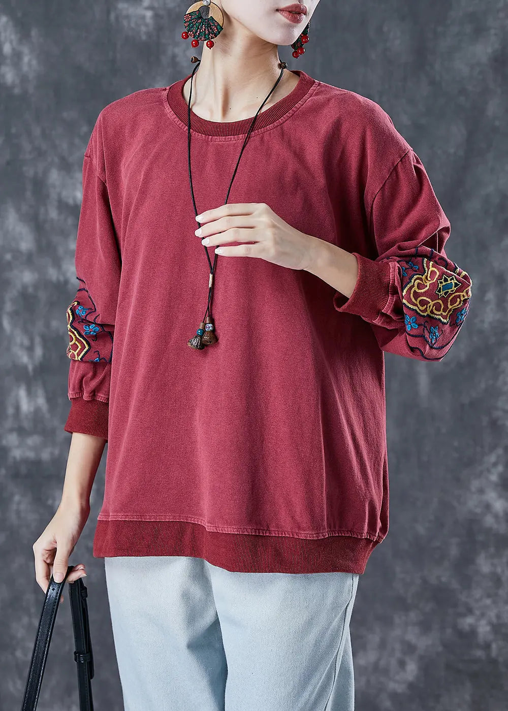 Style Dull Red Embroidered Cotton Loose Sweatshirts Top Fall Ada Fashion