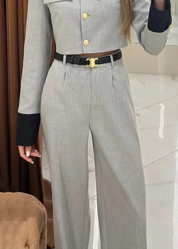 Style Elegant Grey Tops And Pants Cotton Two Pieces Set Fall QY034