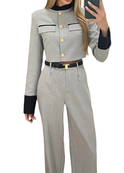 Ensemble deux pièces élégant en coton gris avec haut et pantalon pour l'automne QY034