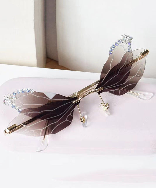 Lunettes de soleil style papillon abeille incrustées de diamants sans cadre marron XS1085