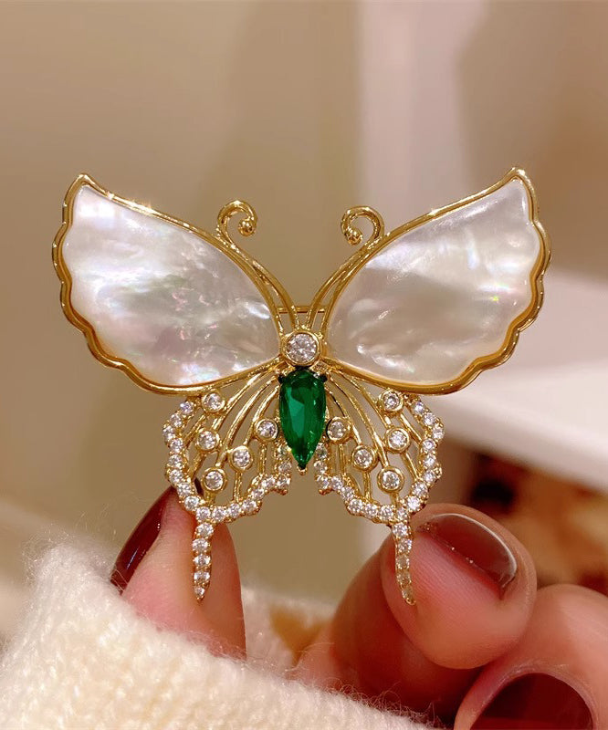 Broches en cuivre incrustées d'or et de zircons, style coquillage, papillon